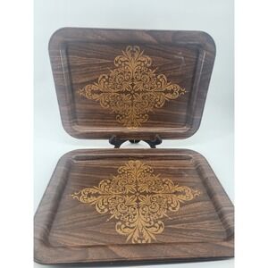 Vintage Faux Wood Metal Serving Trays Gold Filigree Scroll Set of 4 MCM Retro